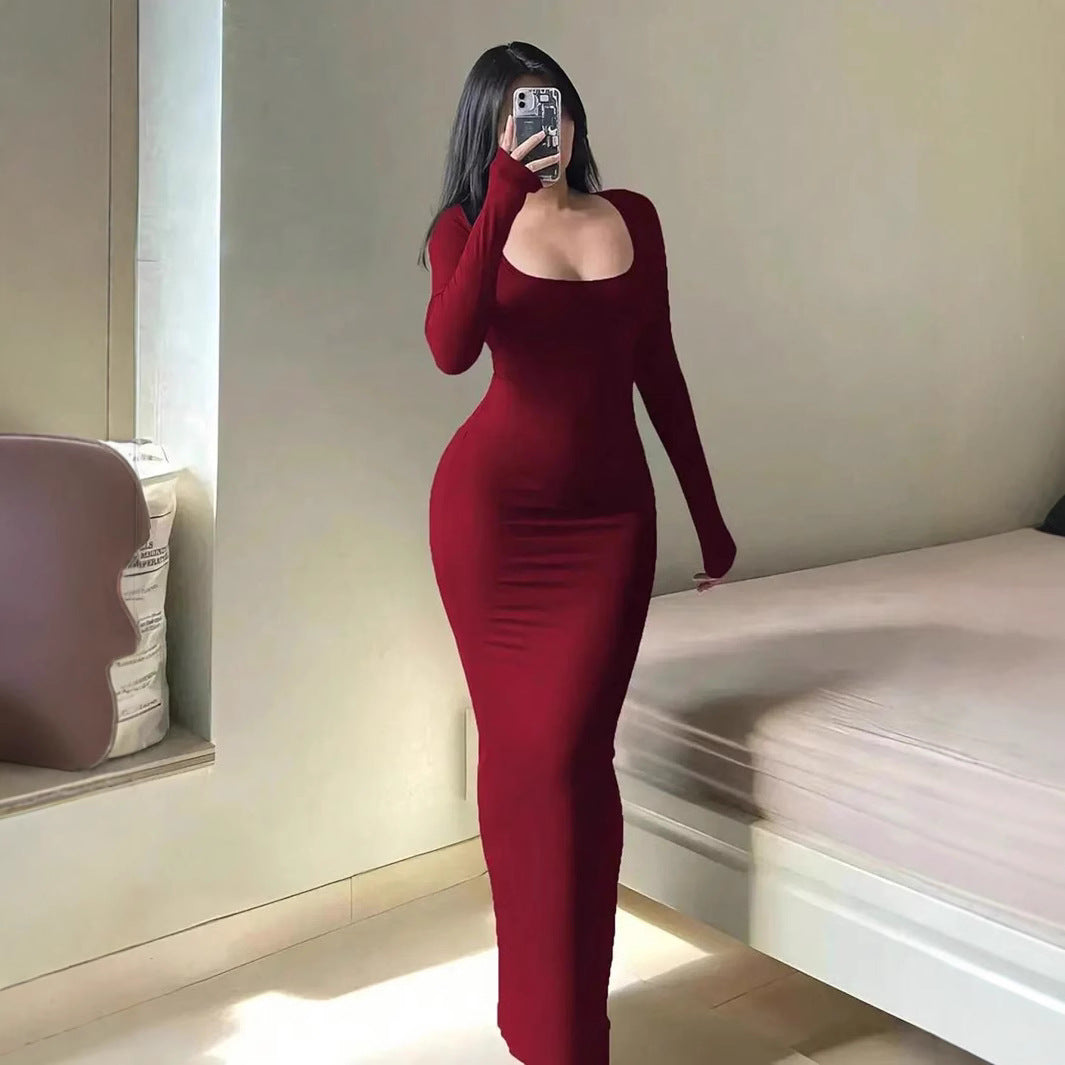 Sexy Square Neck Long Sleeve Knit Bodycon Maxi Dress