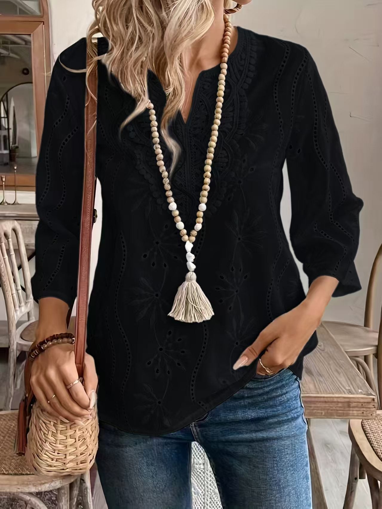 Women's Embroidered Eyelet V-Neck Bell Sleeve Blouse