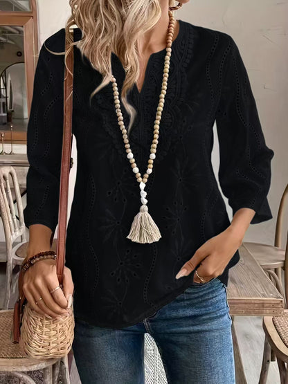Women's Embroidered Eyelet V-Neck Bell Sleeve Blouse