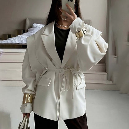 Women's Belted Blazer V-Neck Loose Casual Jacket Coat
