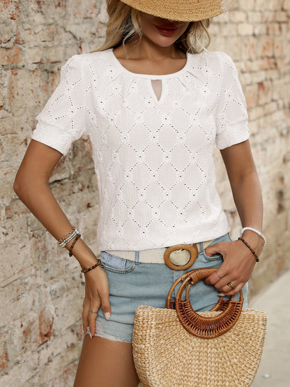 Light Blue Textured Knit Short Sleeve Button Neck Top
