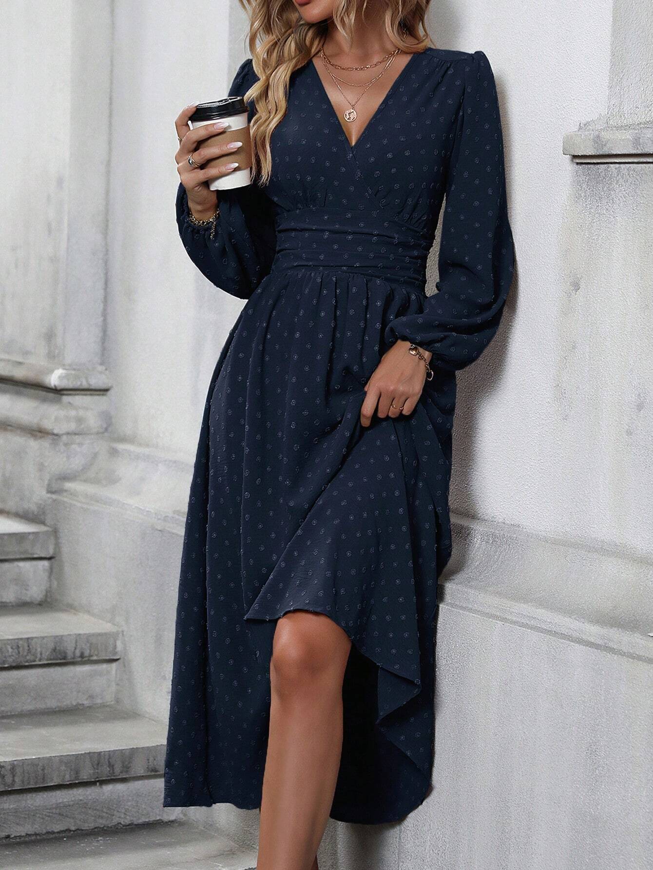 V-Neck Balloon Sleeve Maxi Dress Smocked High Waist A-Line