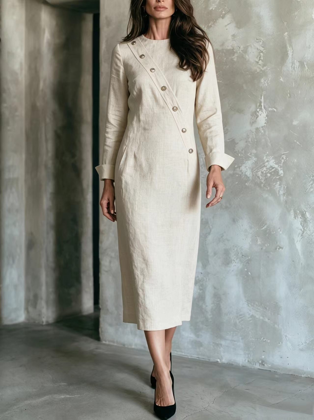 Women's Elegant Asymmetric Button Long Sleeve Midi Dress