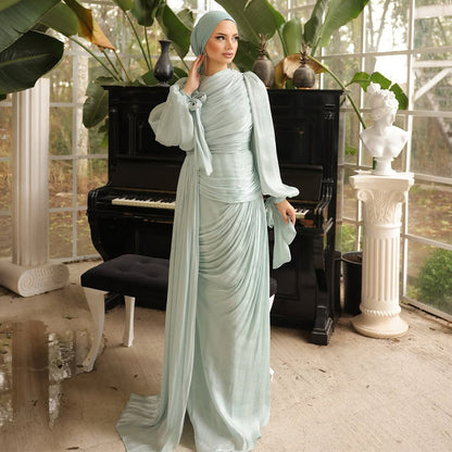 Elegant Ruched Long Sleeve Maxi Dress Evening Gown