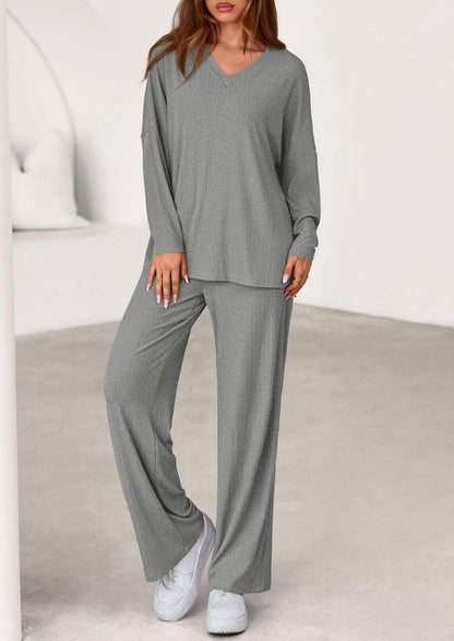 Women's Two Piece Ribbed Lounge Set Wide Leg Pants