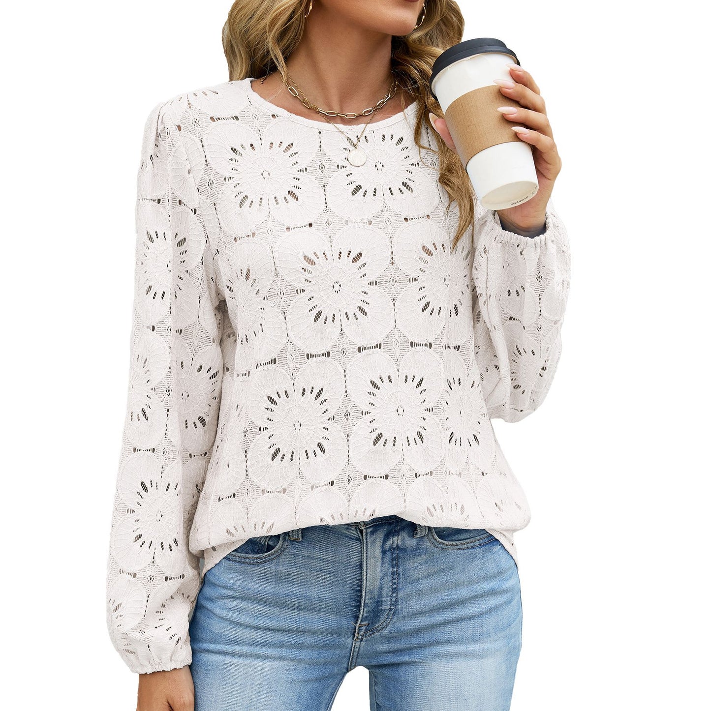 Eyelet Lace Blouse Puff Sleeve Loose Top