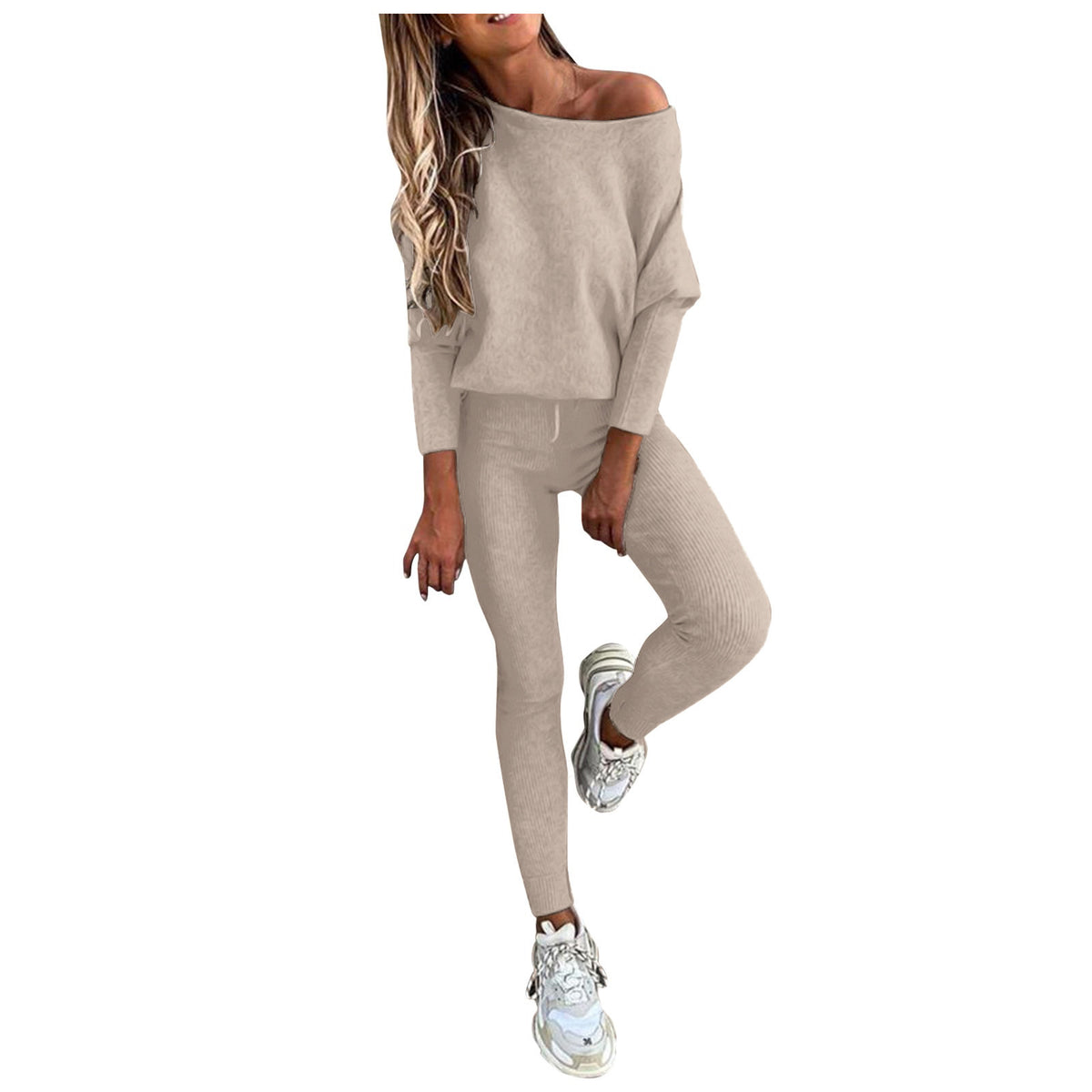 Women's Off Shoulder Ribbed Two Piece Lounge Set