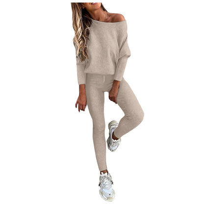 Women's Off Shoulder Ribbed Two Piece Lounge Set