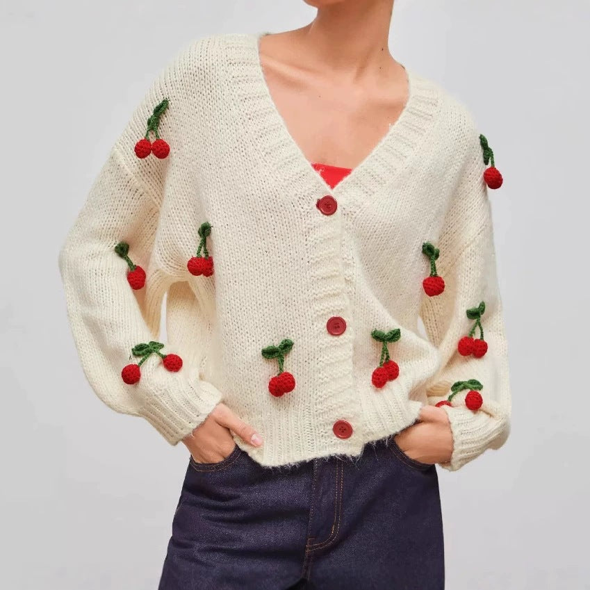 Women's 3D Cherry V-Neck Cropped Knit Cardigan