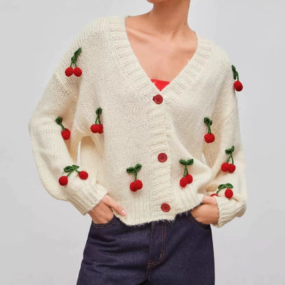 Women's 3D Cherry V-Neck Cropped Knit Cardigan