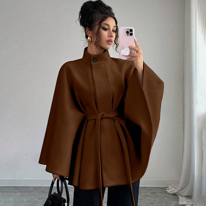 Women's Belted Cape Coat Stand Collar Wool Jacket