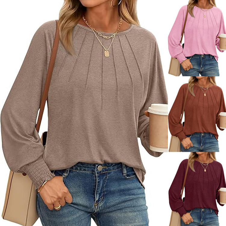 Women's Pleated Crewneck Balloon Sleeve Oversized Top