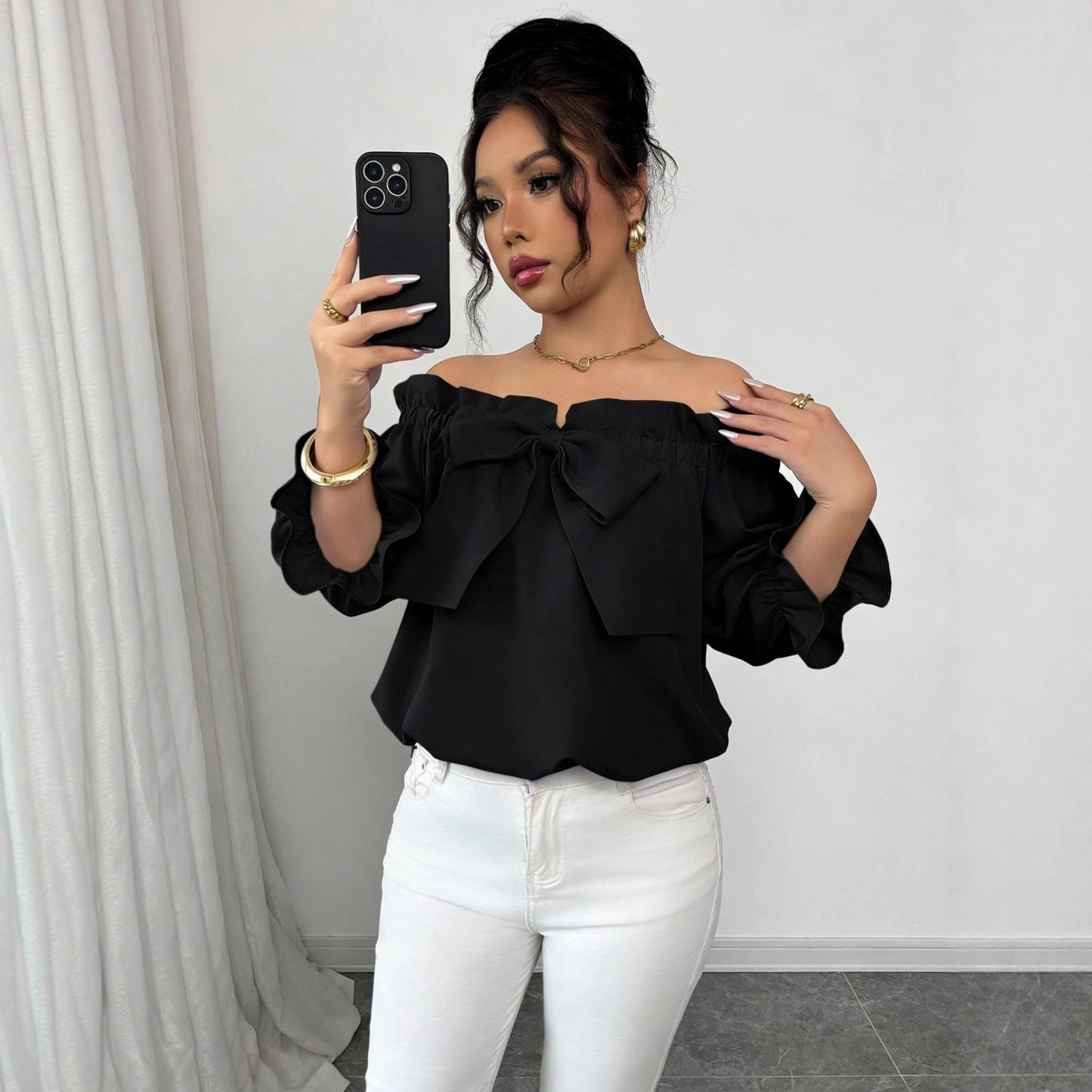Bow Tie Ruffle Neck Blouse Puff Sleeve Dressy Casual Top