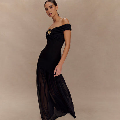 Sexy Off Shoulder Bodycon Maxi Dress Backless Mesh Panel