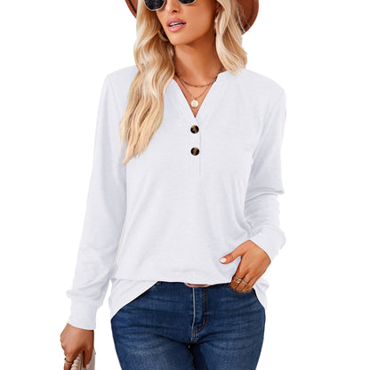 Women's Henley V Neck Long Sleeve Button Loose Tunic Top
