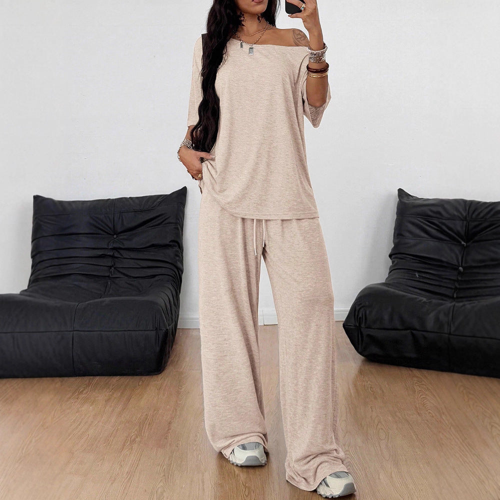 Women Off Shoulder Wide Leg Pants Casual Two Piece Set