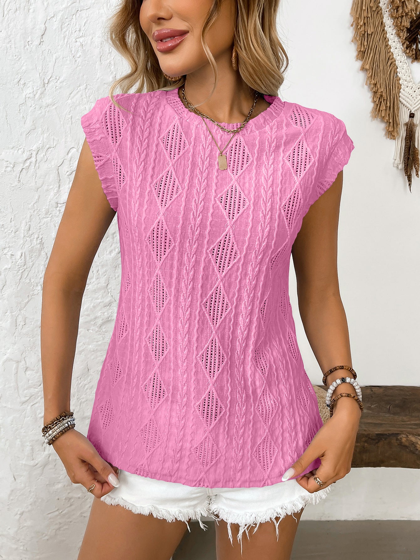 Women's Jacquard Sleeveless Top – Casual Summer Tank Blouse