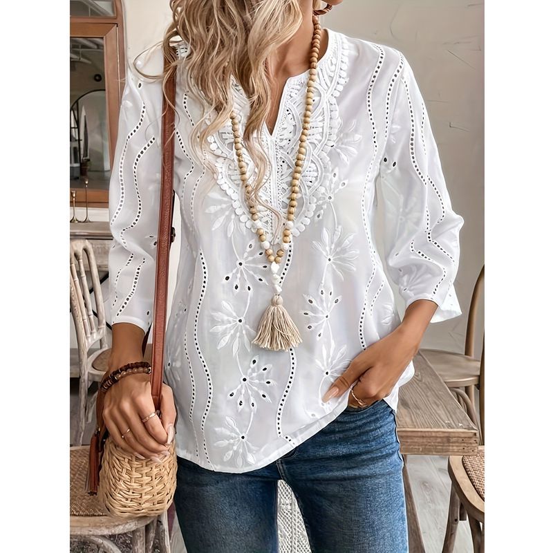 Women's V Neck Embroidered Eyelet Blouse 3/4 Sleeve