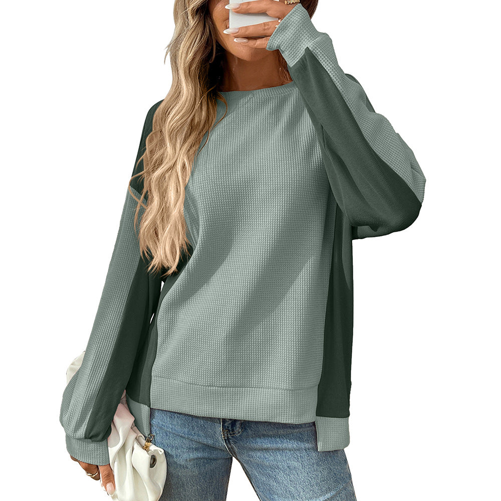 Color Block Waffle Knit Long Sleeve Pullover Top