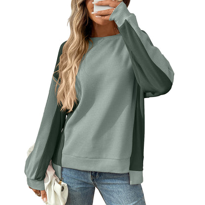 Color Block Waffle Knit Long Sleeve Pullover Top