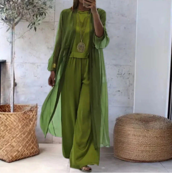 Elegant 3 Piece Cardigan Wide Leg Pant Set