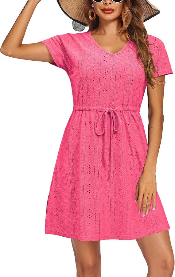 Short Sleeve A-Line Cover Up Dress with Hollow Detail