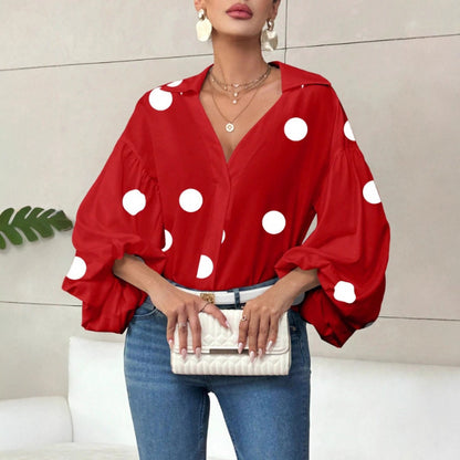 Women's Polka Dot V-Neck Puff Sleeve Loose Blouse