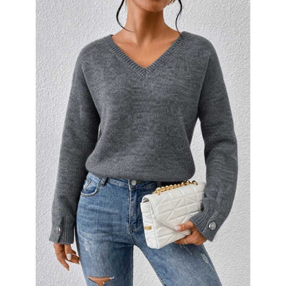 Womens V Neck Sweater Oversized Button Cuff Pullover