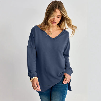 Waffle Knit Top V Neck Side Slit Relaxed Fit