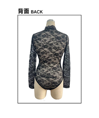 Black Floral Lace Bodysuit Sheer Mesh Mock Neck Top