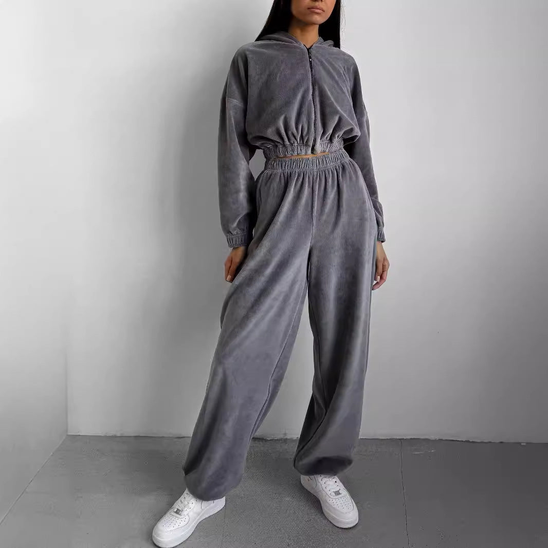 Womens Velvet 2 Piece Set Zip Hoodie Wide Leg Pants