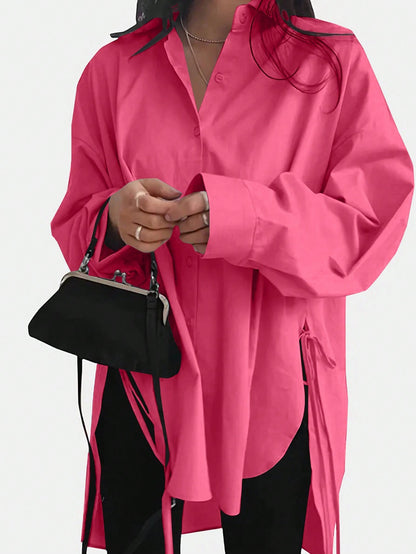 Womens Oversized Shirt Side Tie High Low Long Sleeve Tunic