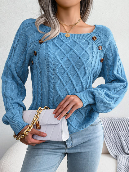 2025 Fall Winter Casual Square Neck Button Detail Cable Knit Sweater