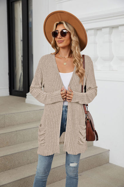 Simple Pocketed Long Sleeve Cardigan Knit Top
