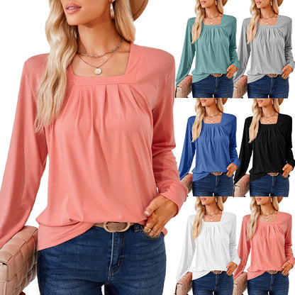 Women's Square Neck Pleated Long Sleeve Loose Casual Top