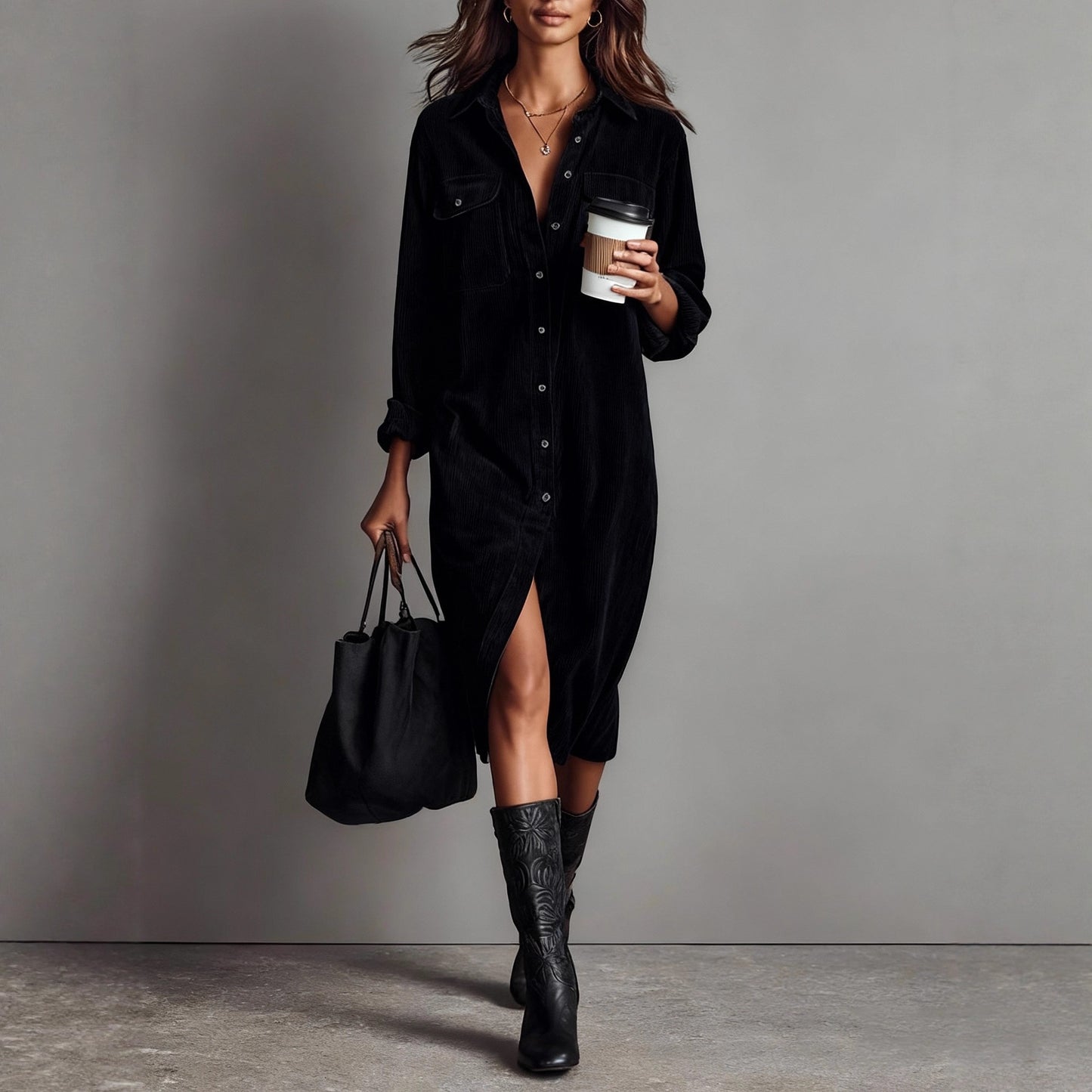 Corduroy Shirt Dress Long Sleeve Button Down Midi