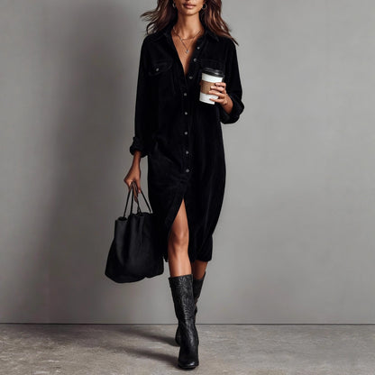 Corduroy Shirt Dress Long Sleeve Button Down Midi