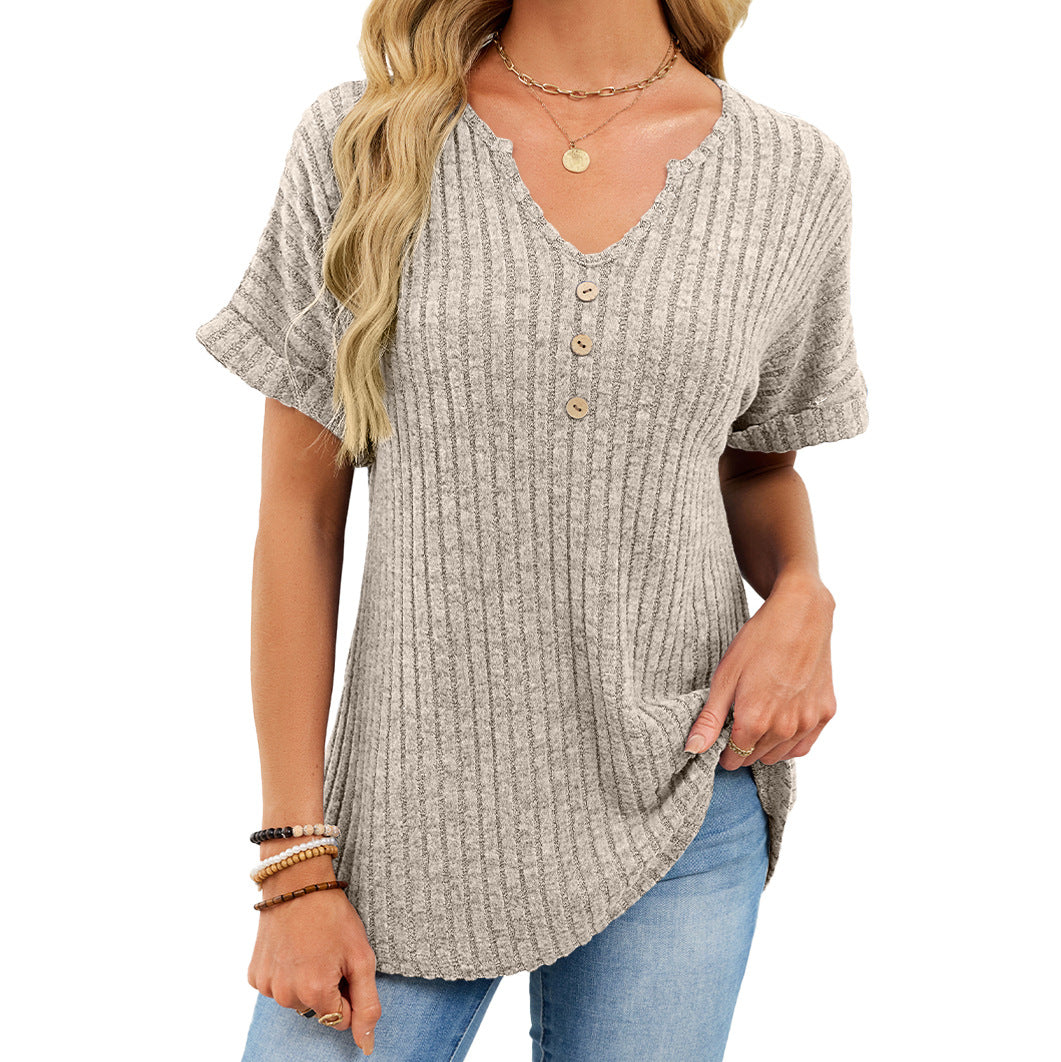 Ribbed V-Neck Button Top – Loose Fit Summer Casual Tee