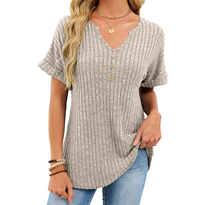 Ribbed V-Neck Button Top – Loose Fit Summer Casual Tee