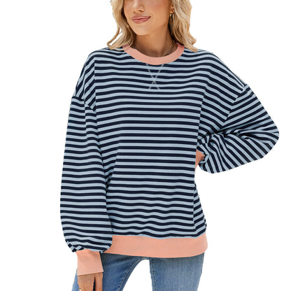 Striped Color Block Crew Neck Loose Fit Long Sleeve Sweatshirt