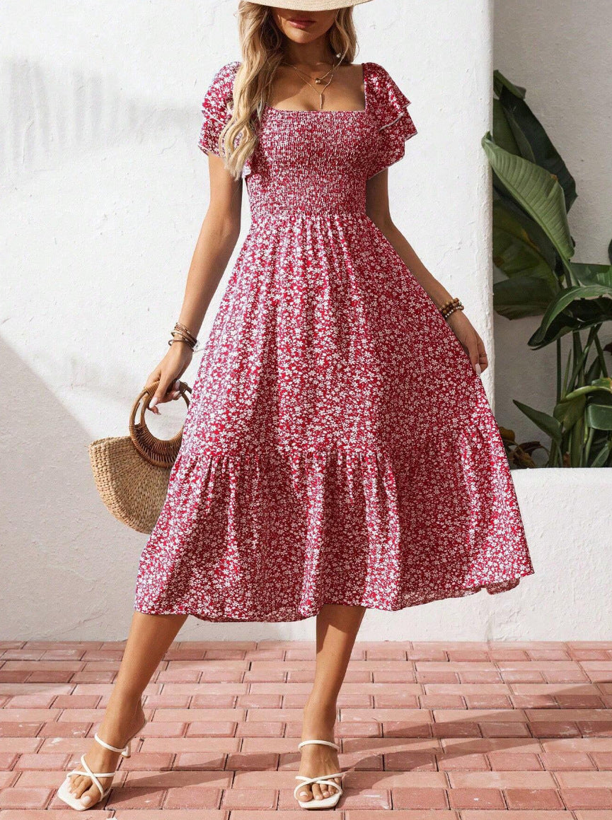 Floral Smocked Square Neck Midi Dress Ruffle Sleeve