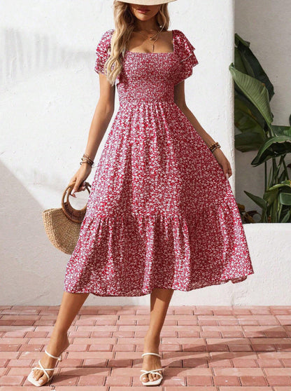 Floral Smocked Square Neck Midi Dress Ruffle Sleeve