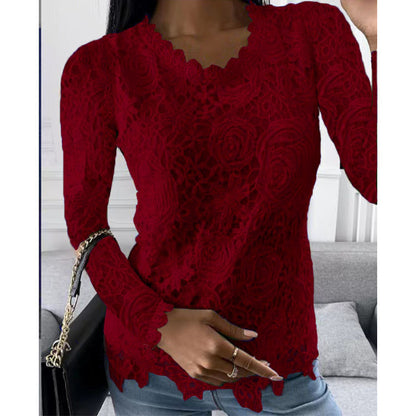 Women's Lace Long Sleeve Scalloped Neck Blouse