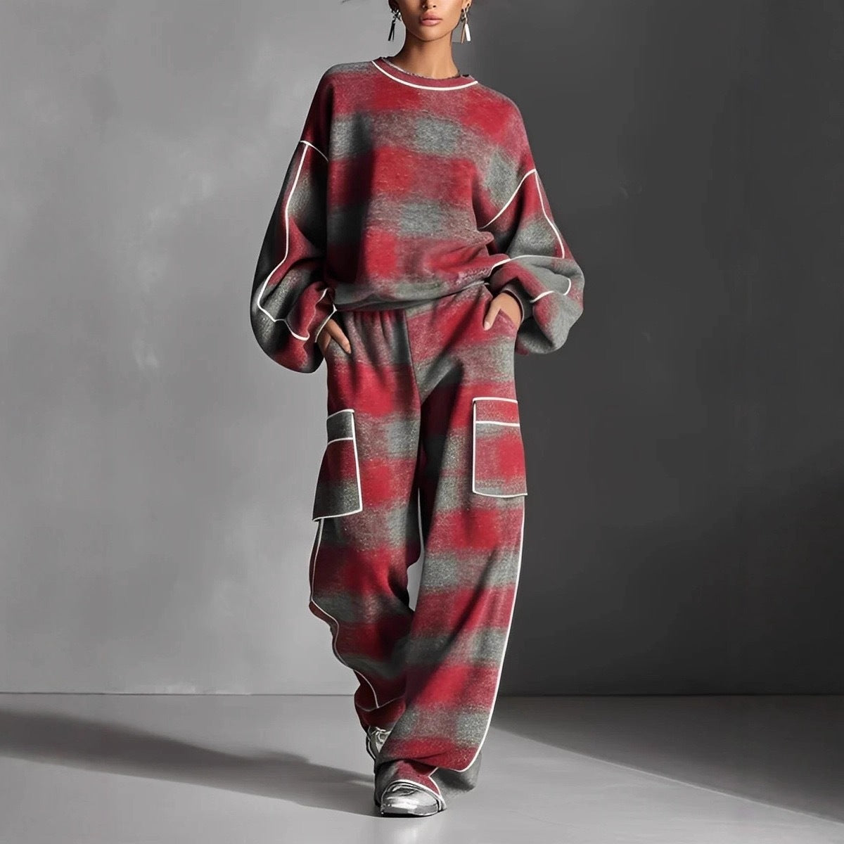 Women's Oversized Plaid Contrast Trim Sweatshirt Pants Set