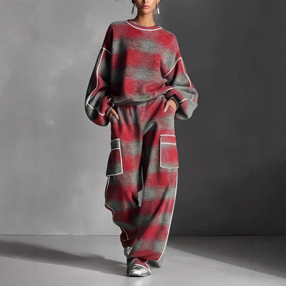 Women's Oversized Plaid Contrast Trim Sweatshirt Pants Set