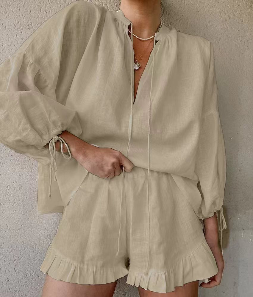 Cotton Linen Balloon Sleeve Tie Front Shorts Set