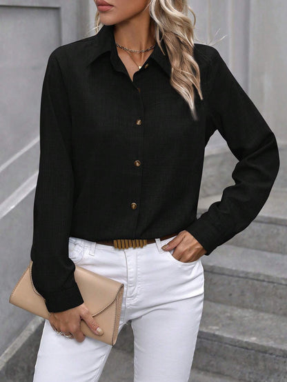 Casual Long Sleeve Lapel Shirt - Solid Color Single-Breasted