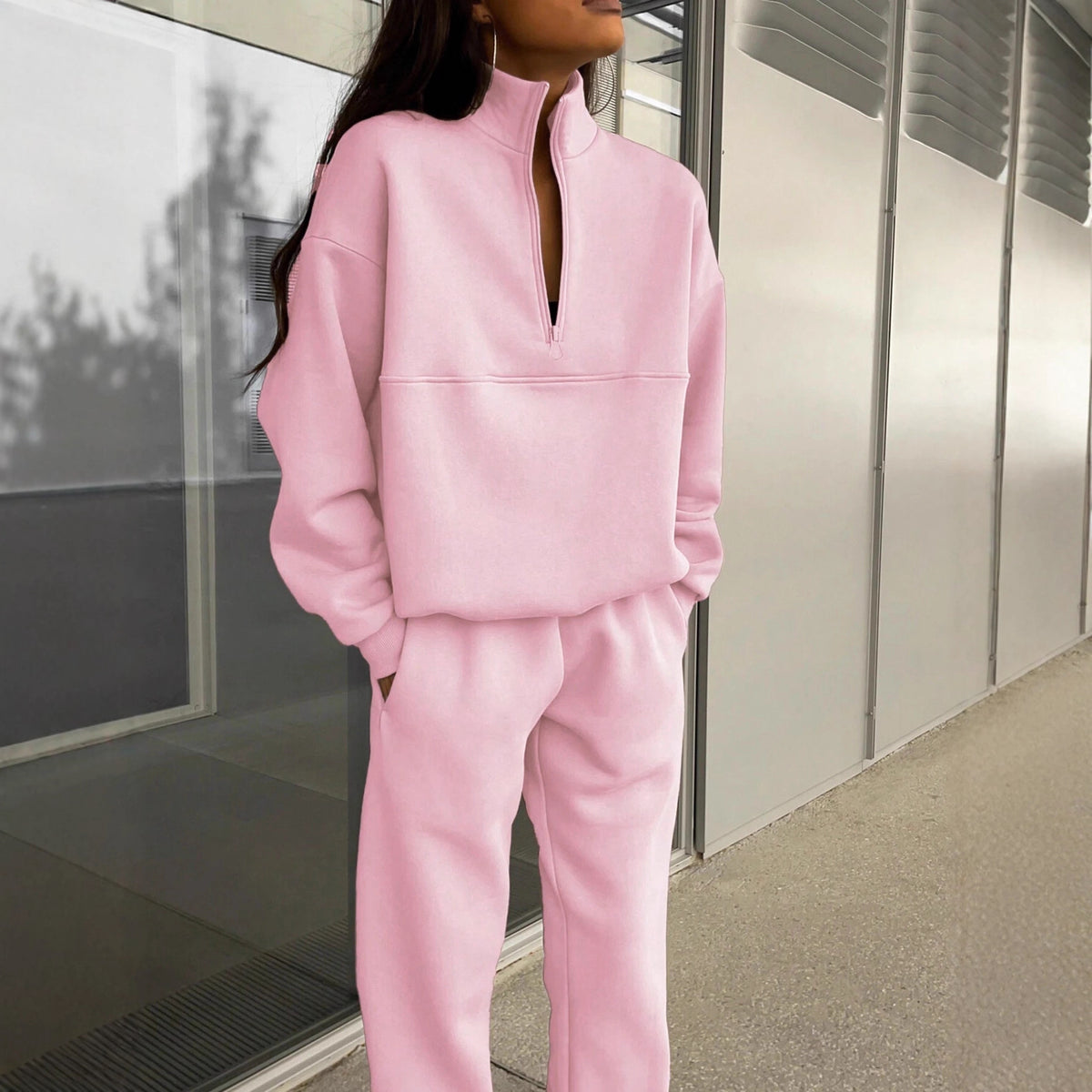Women's Oversized Quarter Zip Sweatshirt Jogger Set
