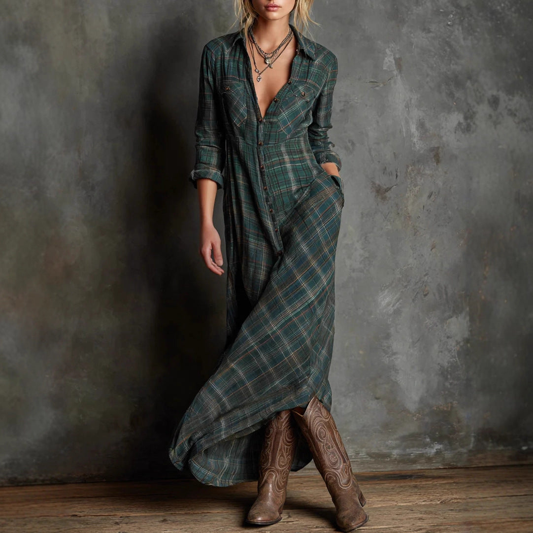Plaid Maxi Shirt Dress Long Sleeve Button Down Casual