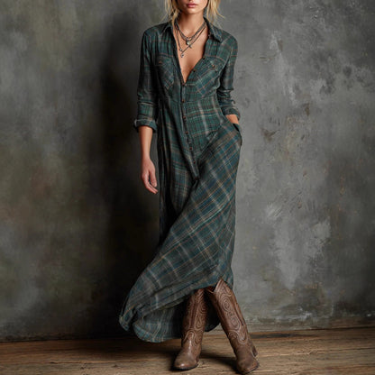 Plaid Maxi Shirt Dress Long Sleeve Button Down Casual